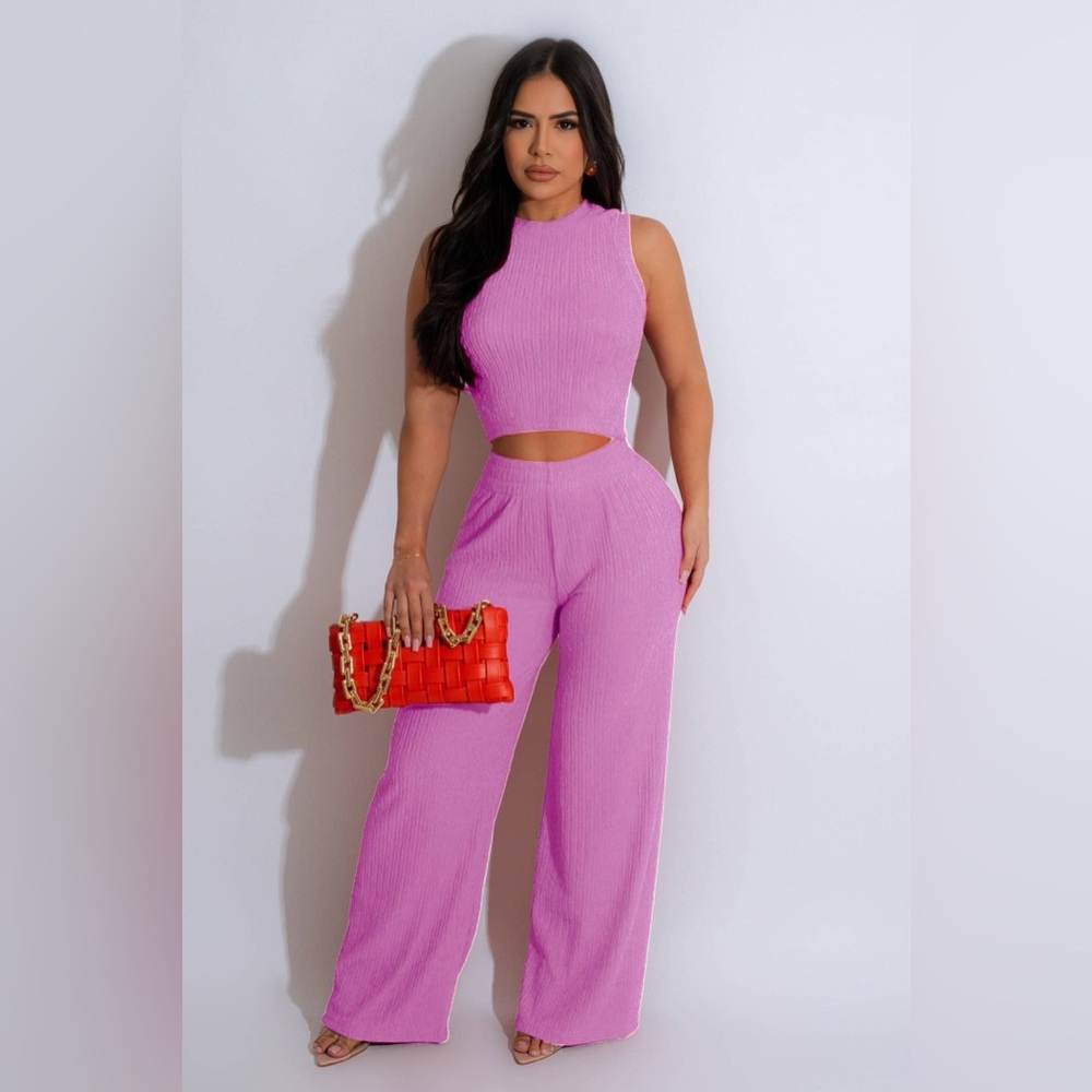 Textured Crop & High Waisted Pants Set